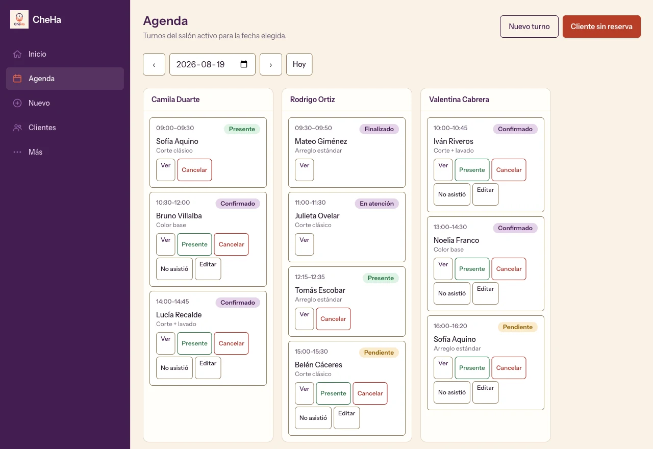 Agenda de CheHa con una columna por profesional. Cada turno muestra horario, cliente, servicio y su estado —pendiente, confirmado, presente, en atención o finalizado— junto a las acciones para marcar presente, cancelar o editar.